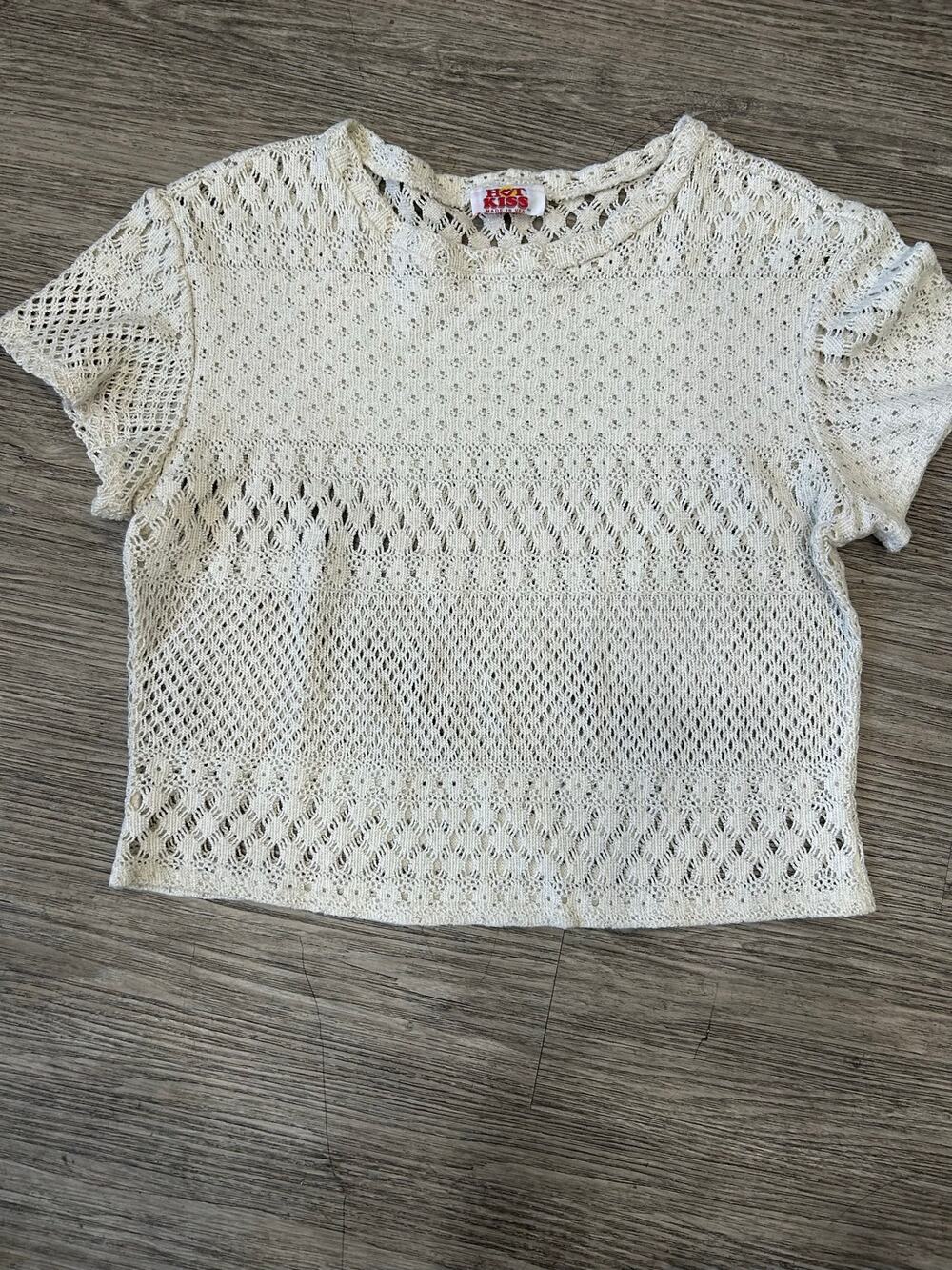 Vintage 90s Y2K Hot Kiss Crochet Knit Top Metallic Silver Sparkle USA Womens S M